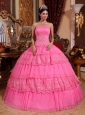 Lovely Rose Pink Quinceanera Dress Strapless Organza Lace Appliques Ball Gown
