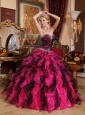 Popular Black and Hot Pink Quinceanera Dress Sweetheart Organza Beading and Ruffles Ball Gown