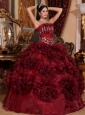 Popular Burgundy Quinceanera Dress Strapless Organza Appliques Ball Gown