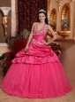 Romantic Hot Pink Quinceanera Dress Halter Taffeta Appliques Ball Gown