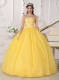 Romantic Yellow Quinceanera Dress Strapless Taffeta and Tulle Appliques Ball Gown