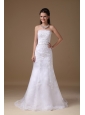 Beautiful A-line Strapless Brush Train Taffeta Lace Wedding Dress
