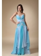 Blue Empire Sweetheart Brush Train Chiffon Appliques with Beading Prom Dress