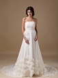 Elegant A-line Strapless Court Train Chiffon Hand Made Flowers Wedding Dress