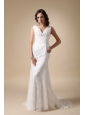 Fashionable Column V-neck Brush Train Chiffon and Lace Ruch Wedding Dress