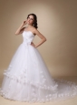 One Shoulder Chapel Train Ball Gown With Hand Made Flowers Wedding Dress