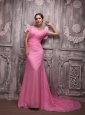 Rose Pink Empire V-neck Brush Train Chiffon Beading Prom / Evening Dress
