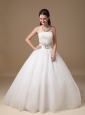 White Ball Gown Strapless Floor-length Taffeta and Tulle Beading and Lace Wedding Dress