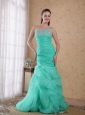 Turquoise Column Sweetheart Brush Train Organza Beading and Ruch Prom / Celebrity Dress