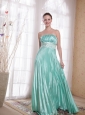 Apple Green Empire Strapless Floor-length Elastic Woven Satin Beading Prom Dress