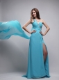 Aqua Blue Column One Shoulder Watteau Train Chiffon Beading and Ruch Prom Dress