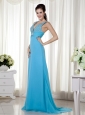Baby Blue Column V-neck Prom / Celebrity Dress Brush Train Chiffon Beading