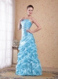 Aqua Blue Column/Sheath Strapless Floor-length Organza Beading Prom Dress