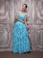 Aqua Blue Empire Strapless Floor-length Chiffon Beading and Ruffles Prom Dress