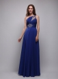 Peacock Blue Empire One Shoulder Floor-length Chiffon Beading Prom Dress