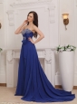 Blue Empire Sweetheart Court Train Chiffon Beading and Bow Prom Dress