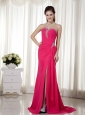 Coral Red Column / Sheath Sweetheart Brush Train Chiffon Beading Prom Dress