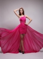 Hot Pink Asymmetrical One Shouleder Brush Train Chiffon Beading Prom / Evening Dress