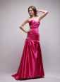 Hot Pink Column Sweetheart Brush Train Taffeta Beading and Ruch Prom Dress