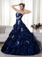 Navy Blue Ball Gown Strapless Taffeta Appliques Prom Dress