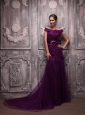 Eggplant Purple Mermaid Off The Shoulder Brush Train Tulle Hand Made Flowers Prom / Evening Dress