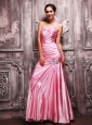 Rose Pink Column One Shoulder Floor-length Taffeta Beading and Ruch Prom Dress