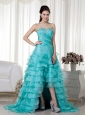 Turquoise  A-line Sweetheart Brush Train Organza Beading Prom / Evening Dress
