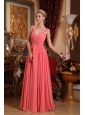 Watermelon Column / Sheath V-neck Floor-length Chiffon Beading Prom Dress