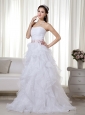 White A-line / Princess Strapless Brush Train Organza Beading Prom Dress