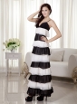White and Black Empire Spaghetti Straps Ankle-length Chiffon Prom Dress