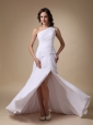 White Column One Shoulder Brush Train Chiffon and Elastic Woven Satin Ruch Prom Dress