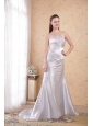 Grey Column Strapless Court Train Satin Appliques and Ruch Prom Dress
