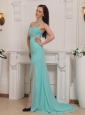 Turquoise Column One Shoulder Brush Train Chiffon Beading Prom / Pageant Dress