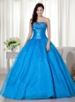 Sky Blue Ball Gown Strapless Floor-length Taffeta  Beading Quinceanera Dress