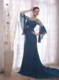 Peacock Green Column / Sheath Square Brush /Sweep Chiffon Prom Dress