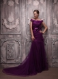 Dark Purple Mermaid Off The Shoulder Brush Train Tulle Hand Made Flowers Prom / Evening Dress