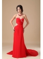 Red Column Sweetheart Court Train Chiffon Beading Prom Dress