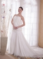 White A-line / Princess Strapless Chapel Train Rhinestones Chiffon Prom Dress