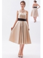 Champagne A-line / Princess One Shoulder Tea-length Satin Ruch Bridesmaid Dress