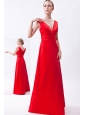 Red Column V-neck Floor-length Taffeta Ruch Bridesmaid Dress
