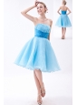 Baby Blue A-line Strapless Knee-length Organza Ruch Bridesmaid Dress