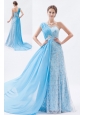 Baby Blue Empire One Shoulder Prom Dress Chiffon and Lace Beading Brush Train
