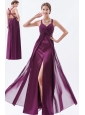 Dark Purple Column / Sheath Straps Prom Dress Chiffon Beading  Floor-length