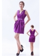 Eggplant Purple Column / Sheath V-neck Prom / Evening Dress Taffeta Beading Mini-length