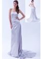 Lilac Column Strapless Beading Prom Dress Elastic Wove Satin Beading  Brush Train