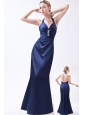 Navy Blue Column Halter Prom Dress Taffeta Beading Floor-length