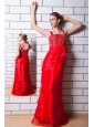 Red Column Straps Prom Dress  Organza Beading Floor-length