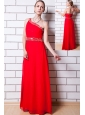 Red Empire One Shoulder Floor-length Chiffon Beading Homecoming Dress