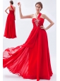 Red Empire One Shoulder Prom Dress Beading  Floor-length Chiffon