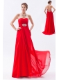 Red Empire Strapless Prom Dress Chiffon Beading  Brush Train